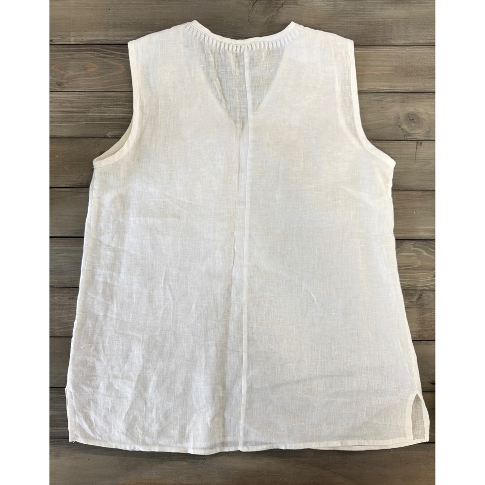 Elie Tahari White 100% Linen Embroidered Sleeveless Tunic Top Womens Medium